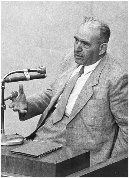 Dr. Tibor Ferenc testifying at the trial of Adolf Eichmann in the District Court of Jerusalem.